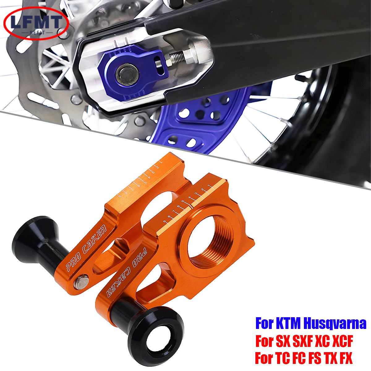 LFMT KTM 125〜450 SX SXF XC XCF HUSQVARNA TC FC対応 CNCビレット25mmリアアクスルブロック チェーンアジャスター