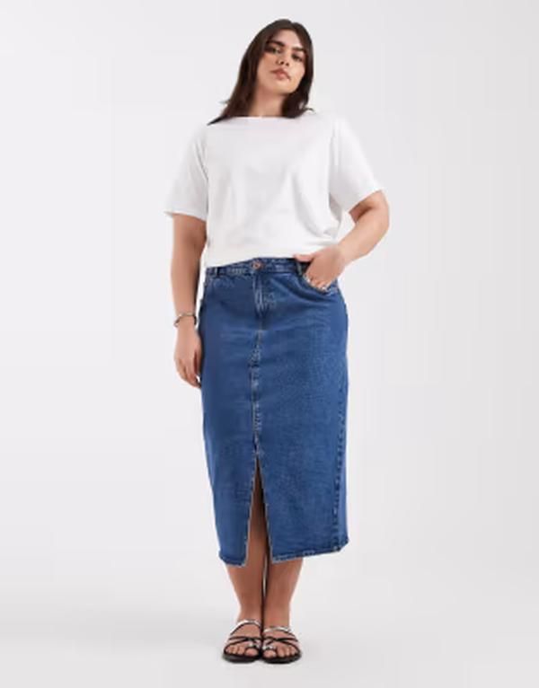 ヴェロモーダ レディース ボトムスカート ミディ デニム Vero Moda Curve slit front denimidi skirt in medium blue wash Medium bl