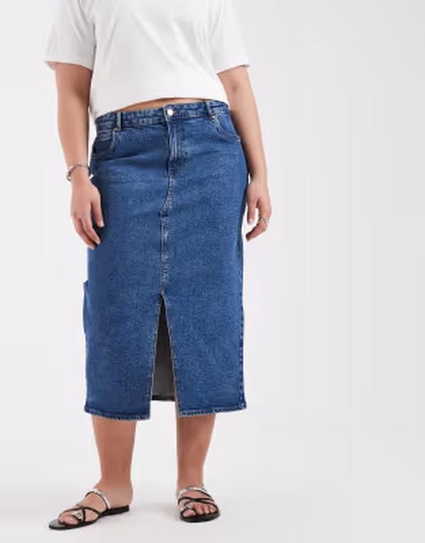 ヴェロモーダ レディース ボトムスカート ミディ デニム Vero Moda Curve slit front denimidi skirt in medium blue wash Medium bl ヴェロモーダ レディース ボトムスカート ミディ デニム Vero Moda Curve slit front denimidi skirt in medium blue wash Medium bl