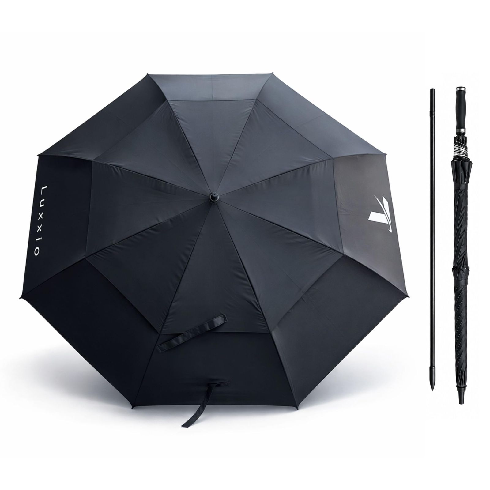 Luxxio Dual Shield 68｜68インチ 大型傘 二重キャノピー 自動開 長傘 延長ポール付き 観戦・練習見守り・ビーチ・アウトドア対応 8本骨 グラスファイバー ブラック/シルバー サッカー 野球 ゴルフ 屋外イベント 収納ポーチ付き 晴雨兼用