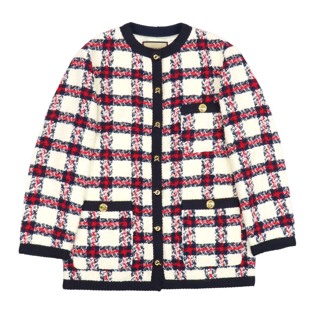 グッチ チェック柄 ツイード ノーカラー ジャケット 660820 レディース ホワイト ネイビー レッド GUCCI【中古】 【アパレル・小物】