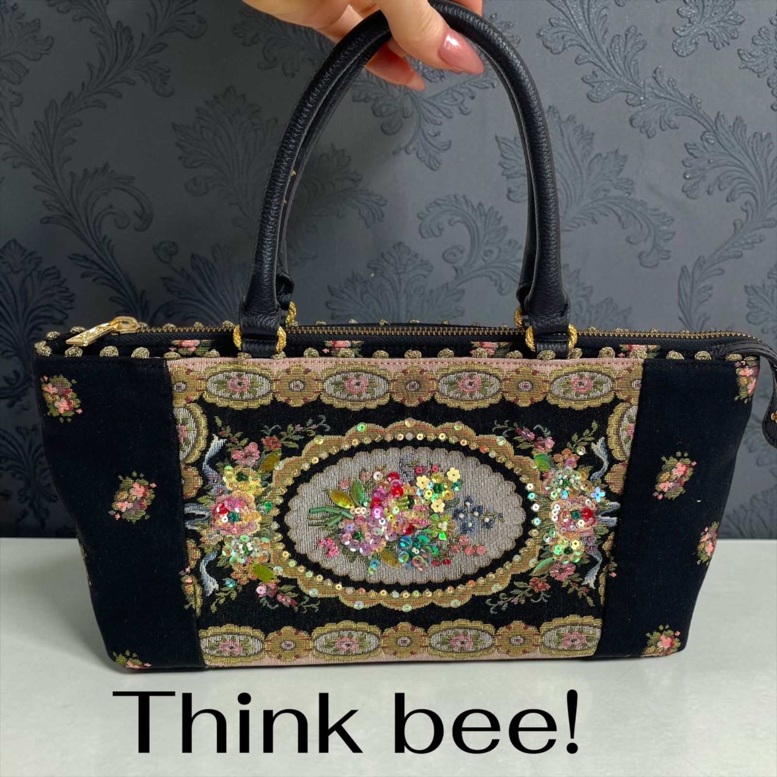 逸品 美品】Think Bee! ハンドバッグ 花柄 スパンコール装飾 - メルカリ