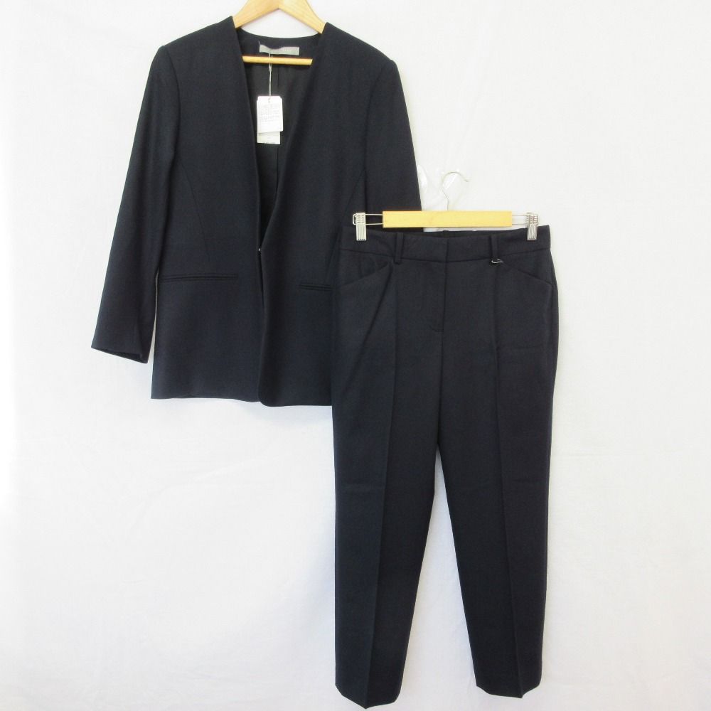 未使用 Theory luxe セオリーリュクス SAXONY SOFT ウール ノーカラージャケット パンツ スーツ セットアップ サイズ40 ネイビー レディース 古着 中古 USED