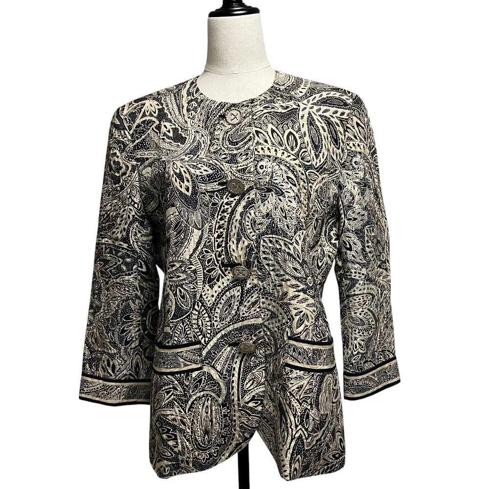 良品 LEONARD FASHION レオナールファッション ペイズリー柄 シルクウール ノーカラージャケット ベージュ サイズ13 ブラック レディース 古着 中古 USED 11,239円