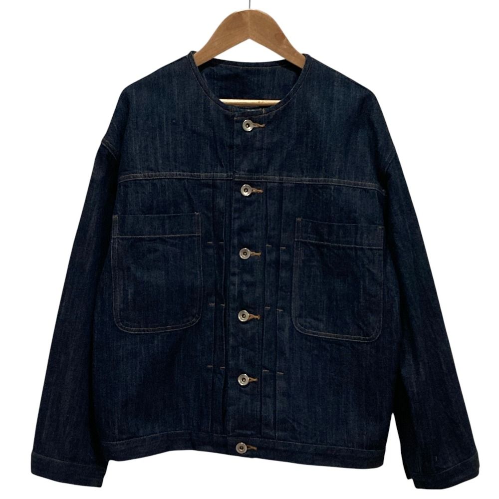美品 yuni ユニ cotton denim ノーカラー ブルゾン ジャケット F インディゴ レディース 古着 中古 USED