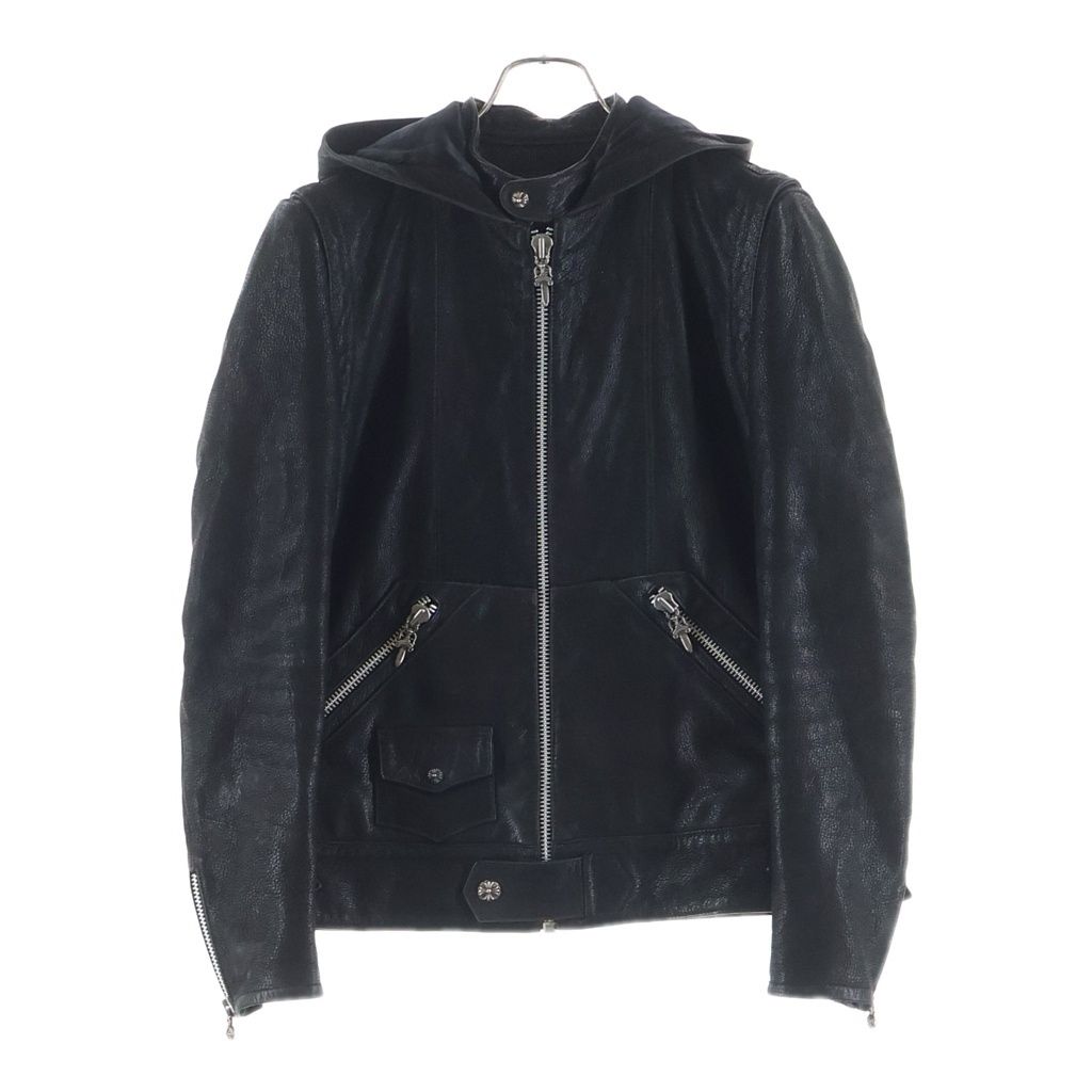 CHROME HEARTS (クロムハーツ) LEATHER HOODED JACKET デストロイレザー フード付きジャケット ブラック -