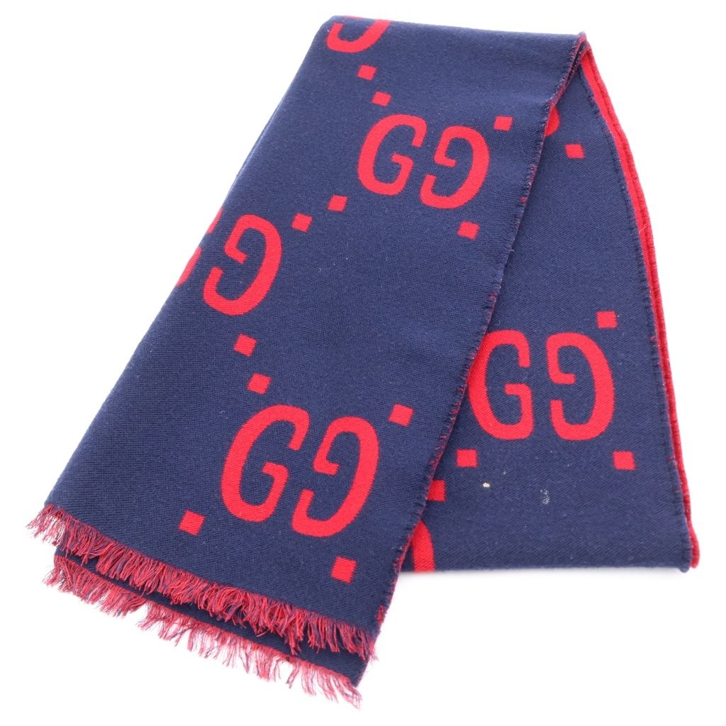 GUCCI (グッチ) ジャンボGGロゴ シルク混スカーフマフラー ネイビー