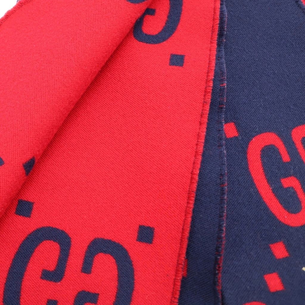 GUCCI (グッチ) ジャンボGGロゴ シルク混スカーフマフラー ネイビー