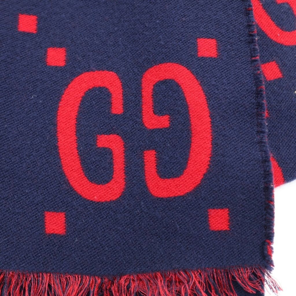 GUCCI (グッチ) ジャンボGGロゴ シルク混スカーフマフラー ネイビー
