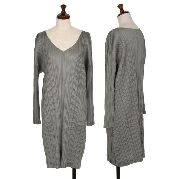 プリーツプリーズPLEATS PLEASE プリーツVネックワンピース グレー4