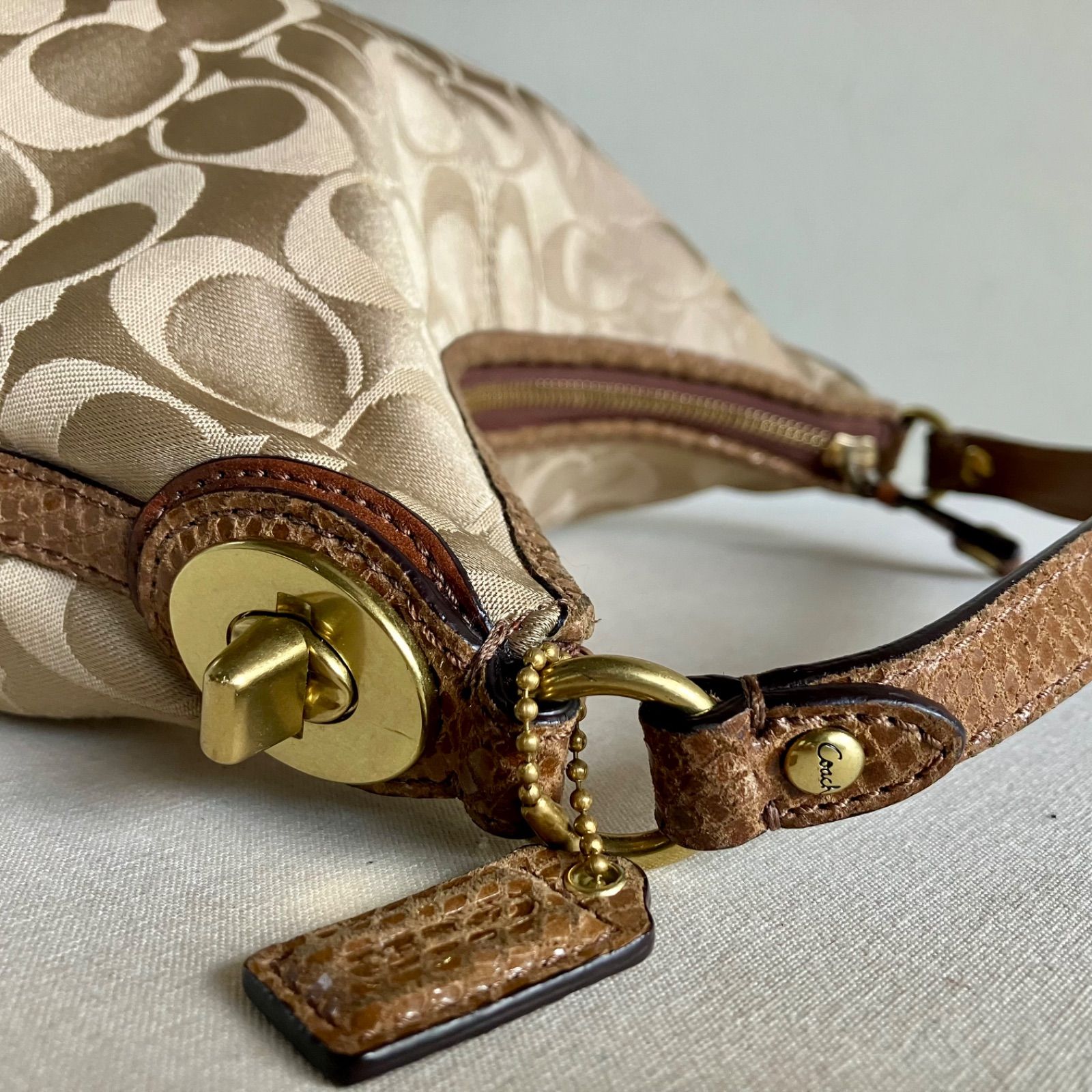 Coach Signature Zip Top Mini Hobo Bag Khaki Gold Snake Embossed 