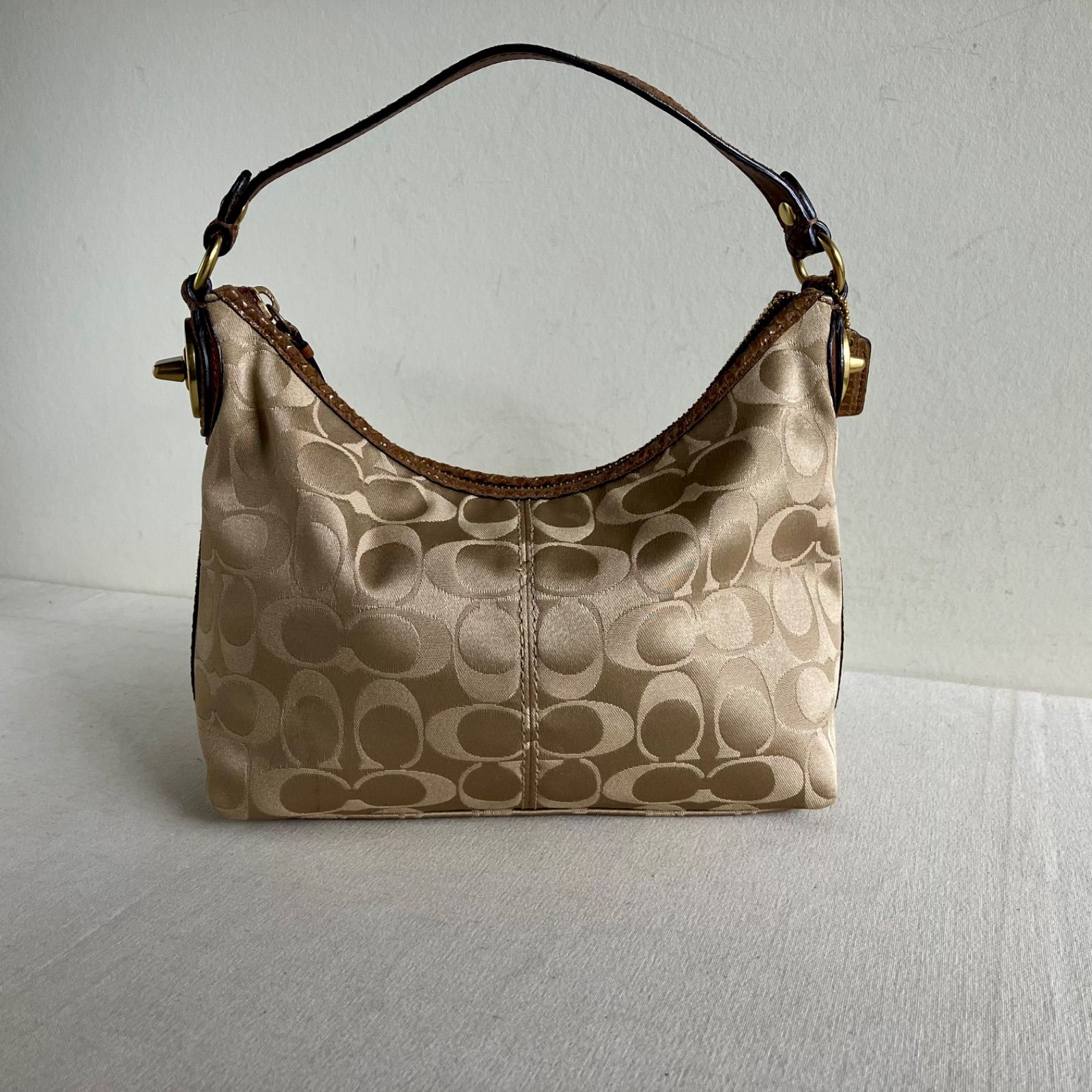 Coach Signature Zip Top Mini Hobo Bag Khaki Gold Snake Embossed