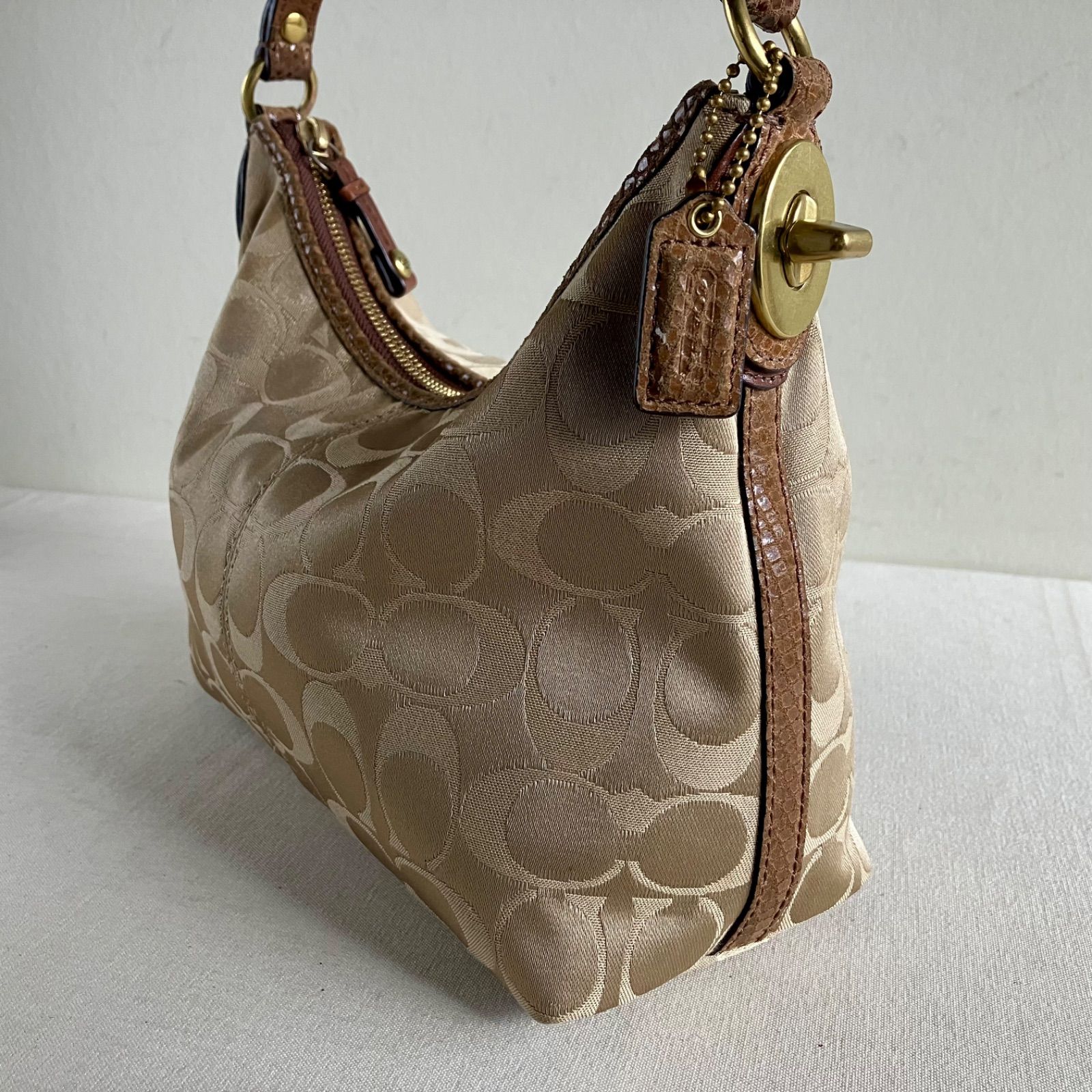 Coach Signature Zip Top Mini Hobo Bag Khaki Gold Snake Embossed 