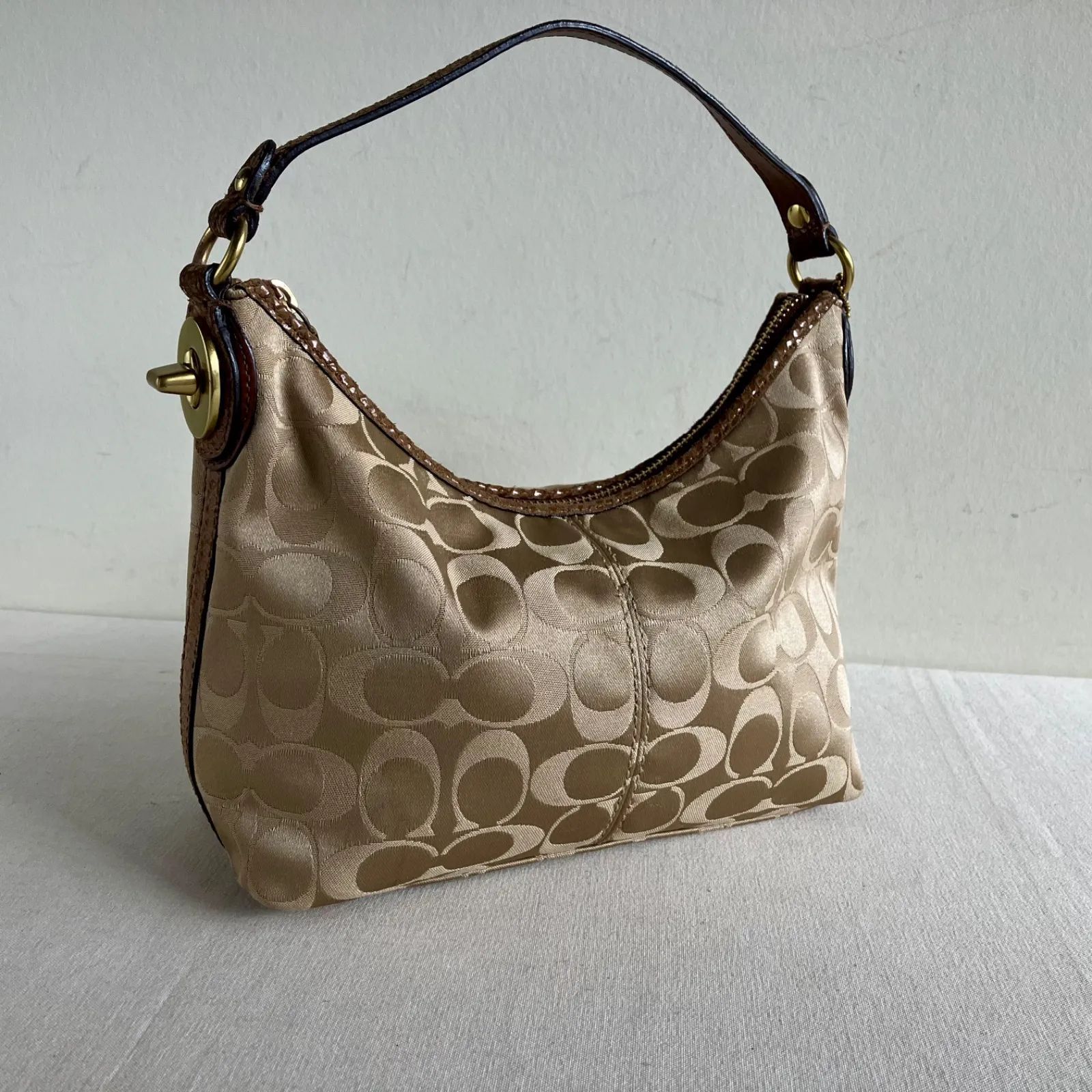 Coach Signature Zip Top Mini Hobo Bag Khaki Gold Snake Embossed