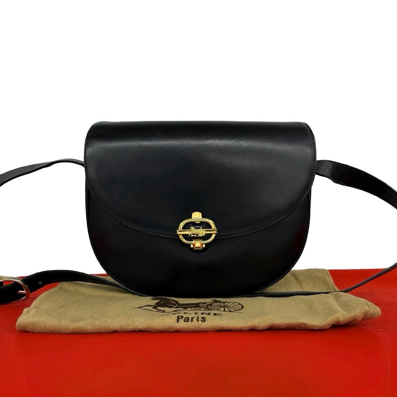極 美品 袋付き CELINE セリーヌ ヴィンテージ 馬車金具 カーフ レザー 