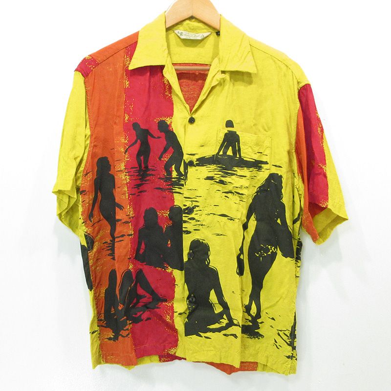 【三重本店】 中古 schott | ショット BEACH GIRLS RAYON SHIRT ビーチガールレーヨン半袖シャツ 総柄ハワイアンシャツ アロハシャツ 782-6123007 イエロー サイズ：M 【101】