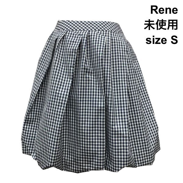 ◆ 未使用 ルネ Rene バルーンスカート ミニ丈 タックフレア ギンガムチェック柄 TISSUE 白 ネイビー 36 S 7号 レディース Z6D153