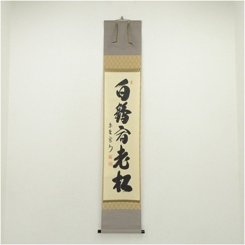 大徳寺　長谷川寛州筆　「白鶴宿老松」一行書　肉筆紙本掛軸 掛け軸 床の間 書 おしゃれ 絵画 表具 芸術 茶道 年中掛け インテリア 茶掛 掛物 和室