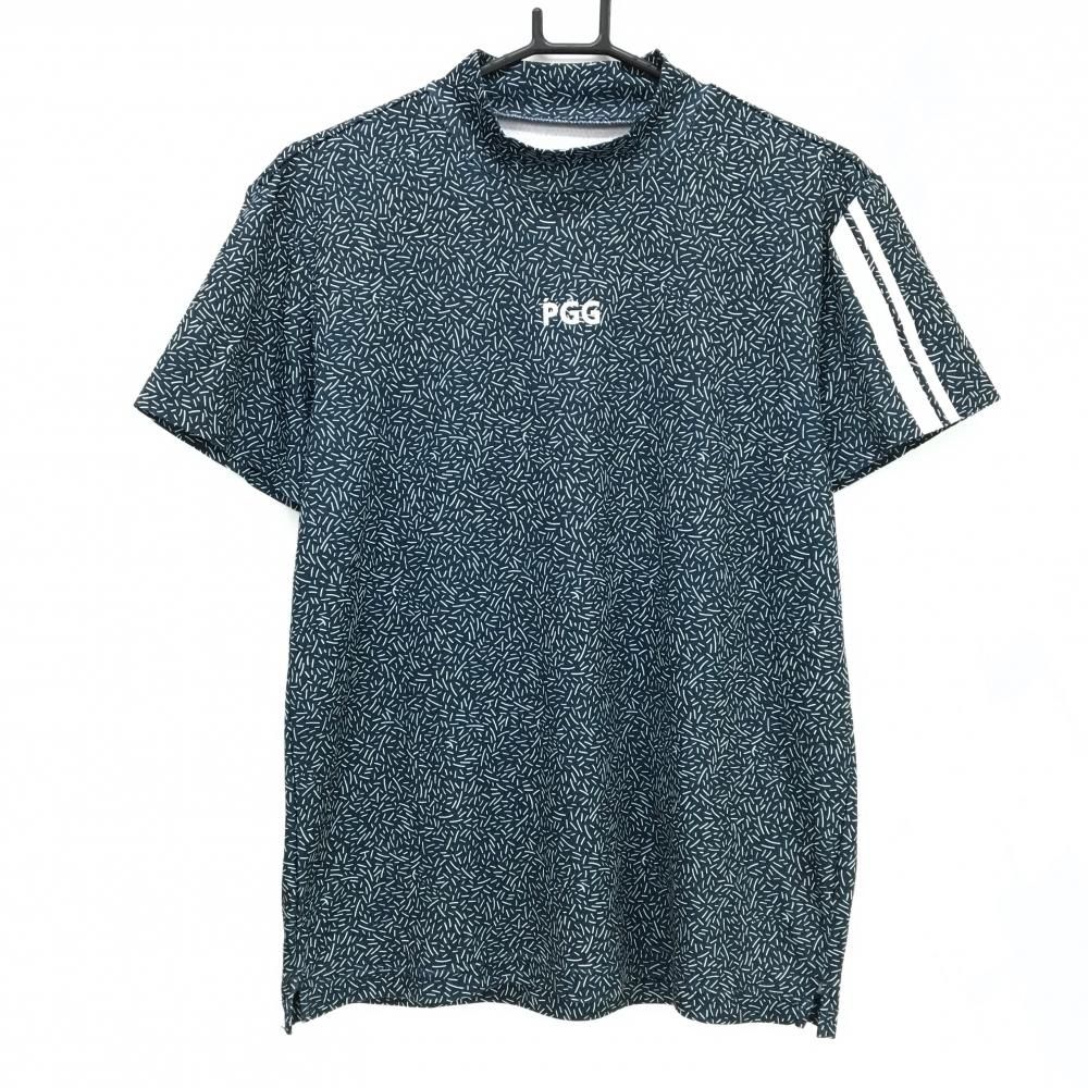 美品】PGGパーリーゲイツ 半袖ハイネックシャツ ネイビー×白 総柄 袖