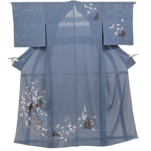 【京松】付下げ オリジナル ネコ 夏物 絽 縫い紋 着物 正絹 身丈約165.5cm 裄丈約65.5cm r8z07-256
