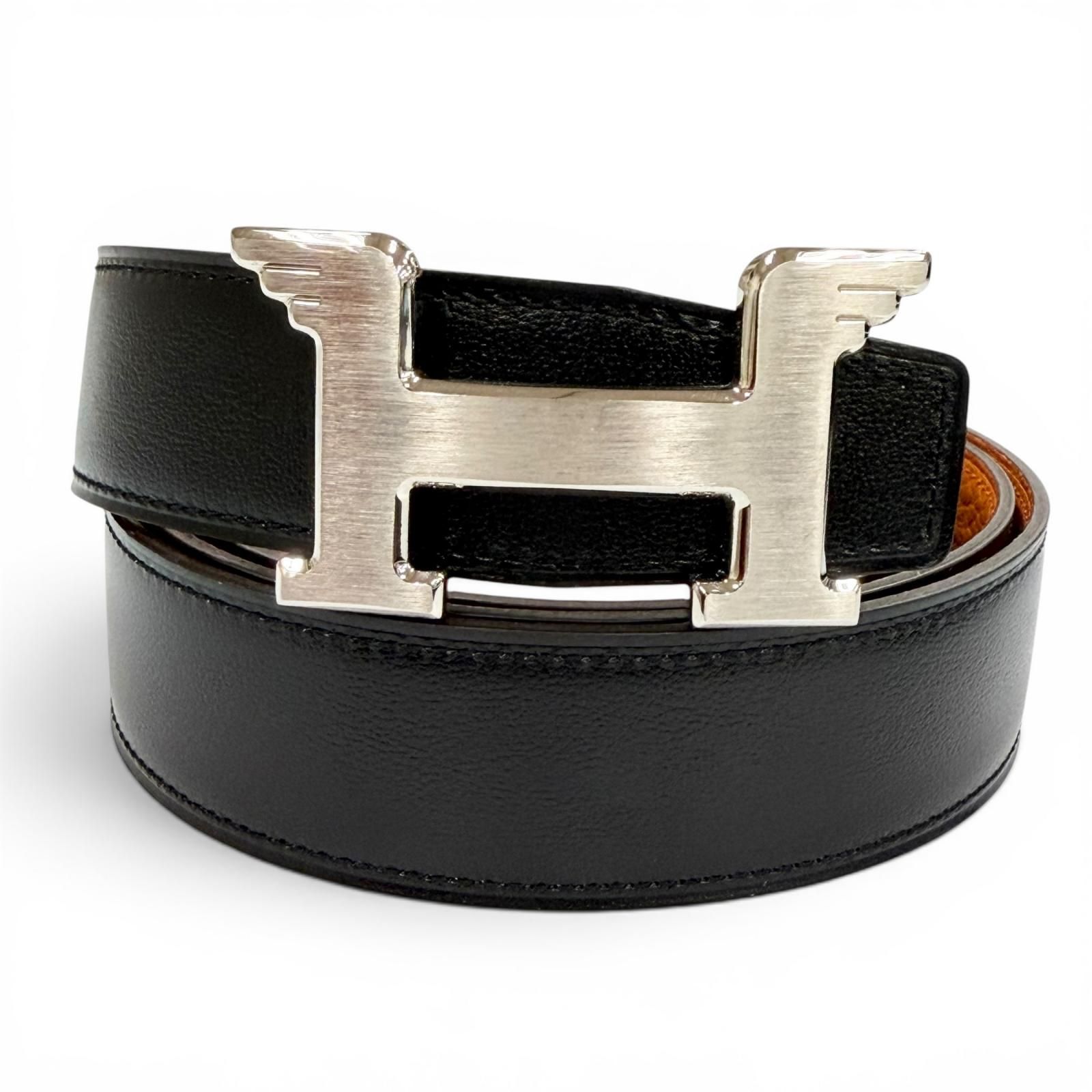 極美品▼HERMES エルメス コンスタンス ペガサス ボックスカーフ トゴ シルバー金具 リバーシブル ベルト ブラック オレンジ 110 C刻印
