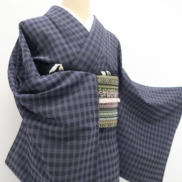 新品・夏お召】夏単衣 チェック柄 夏着物 正絹 仕付け糸付 tomihisa