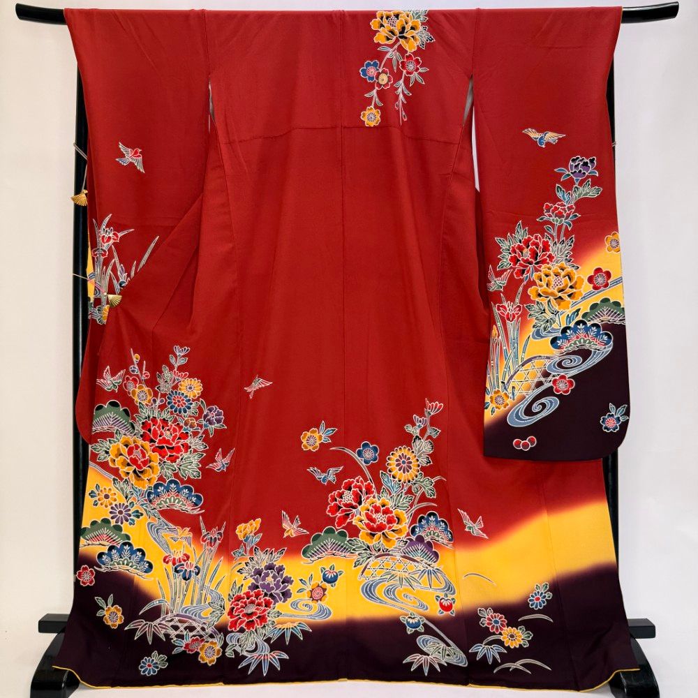 振袖 中古 赤 黄色 紅型 正絹 古典 裄70.5cm 身丈175cm 美品 2L サイズ 成人式 6196