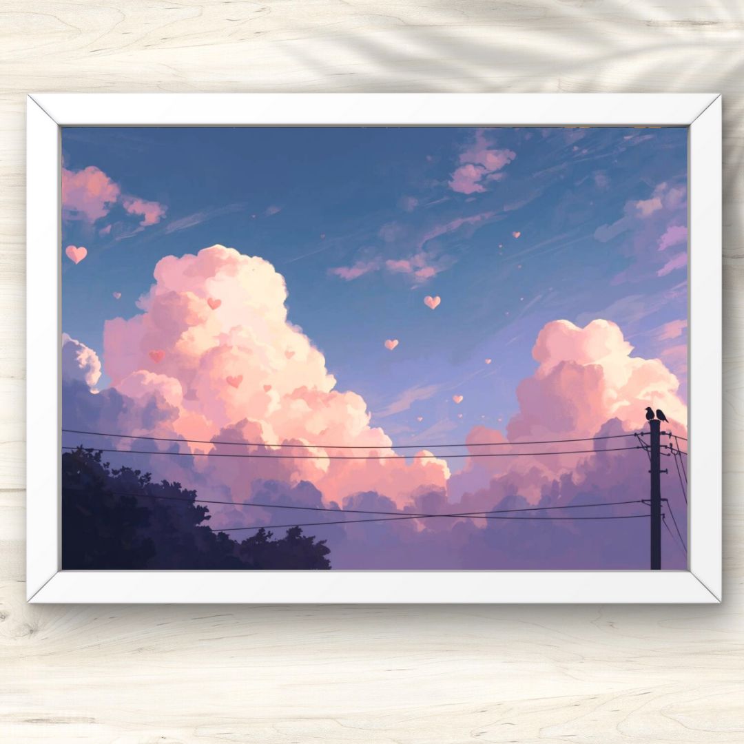 0000758 A0 ハート雲が浮かぶ夕空 水彩画 ハート形の雲と夕空 特大
