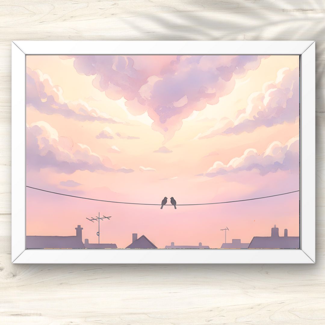 0000857 A4 ハート雲の淡い空 淡い背景 水彩画 インテリアアート アートポスター - メルカリ