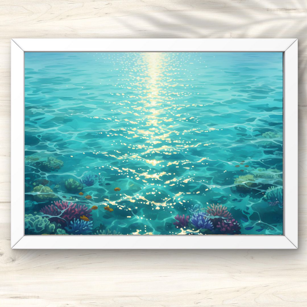 0000865 A4 光きらめく青い海 水彩画 輝く海面 ポスター 小さめ 玄関