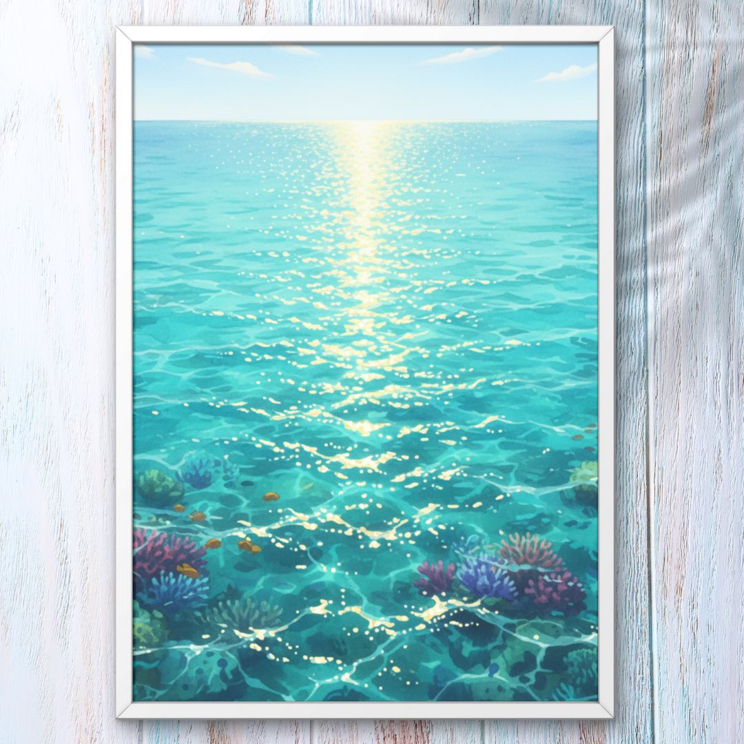 水彩画「光る海」 0000671 A4 光きらめく青い海 明るい色彩 水彩画 海のアート ウォール