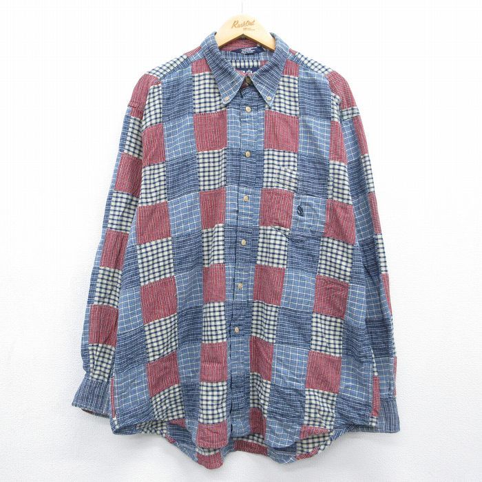 XL/古着 ノーティカ 長袖 ブランド シャツ メンズ 90年代 90s ワンポイントロゴ パッチワーク 大きいサイズ ロング丈 コットン ボタンダウン ライトブルー チェック【spe】 26jul14 6,344円