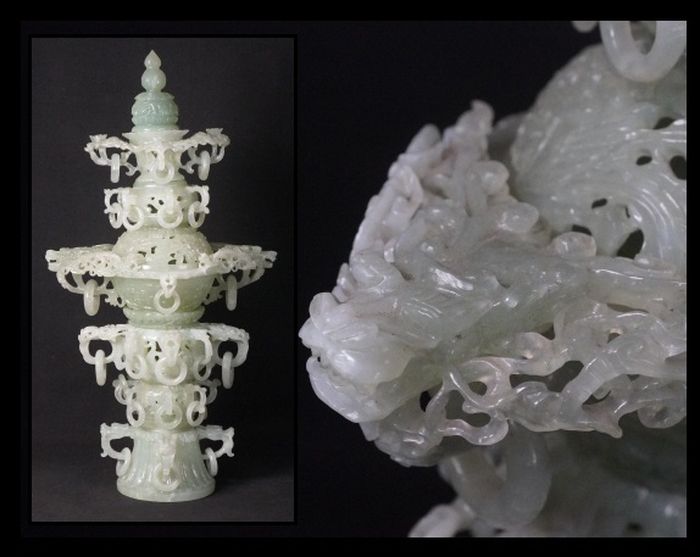 砡　香炉　中国美術　古玩　彫刻　置物　透彫　高さ４６㎝　龍　獣　唐物　