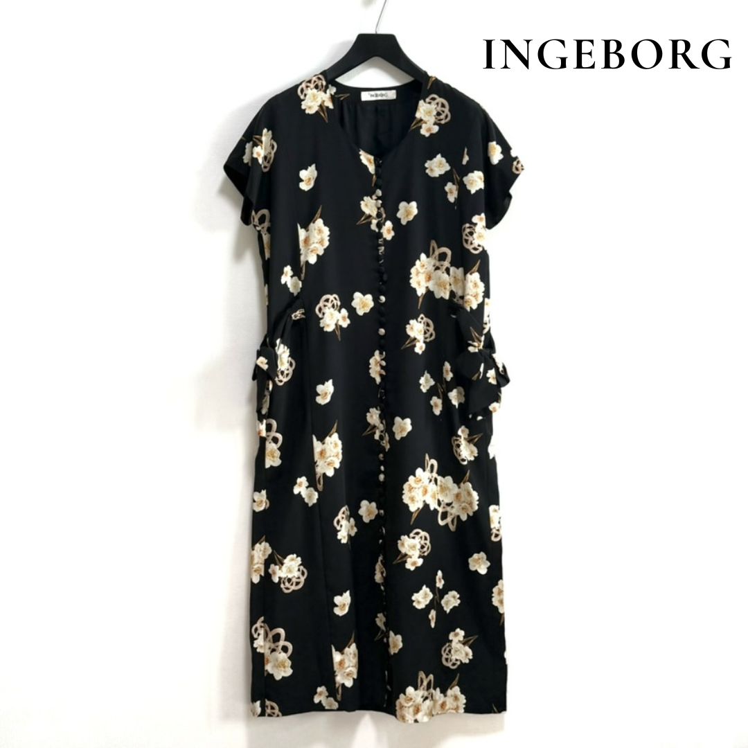 INGEBORG インゲボルグ 花柄 ロングワンピース リボン 半袖 フロント