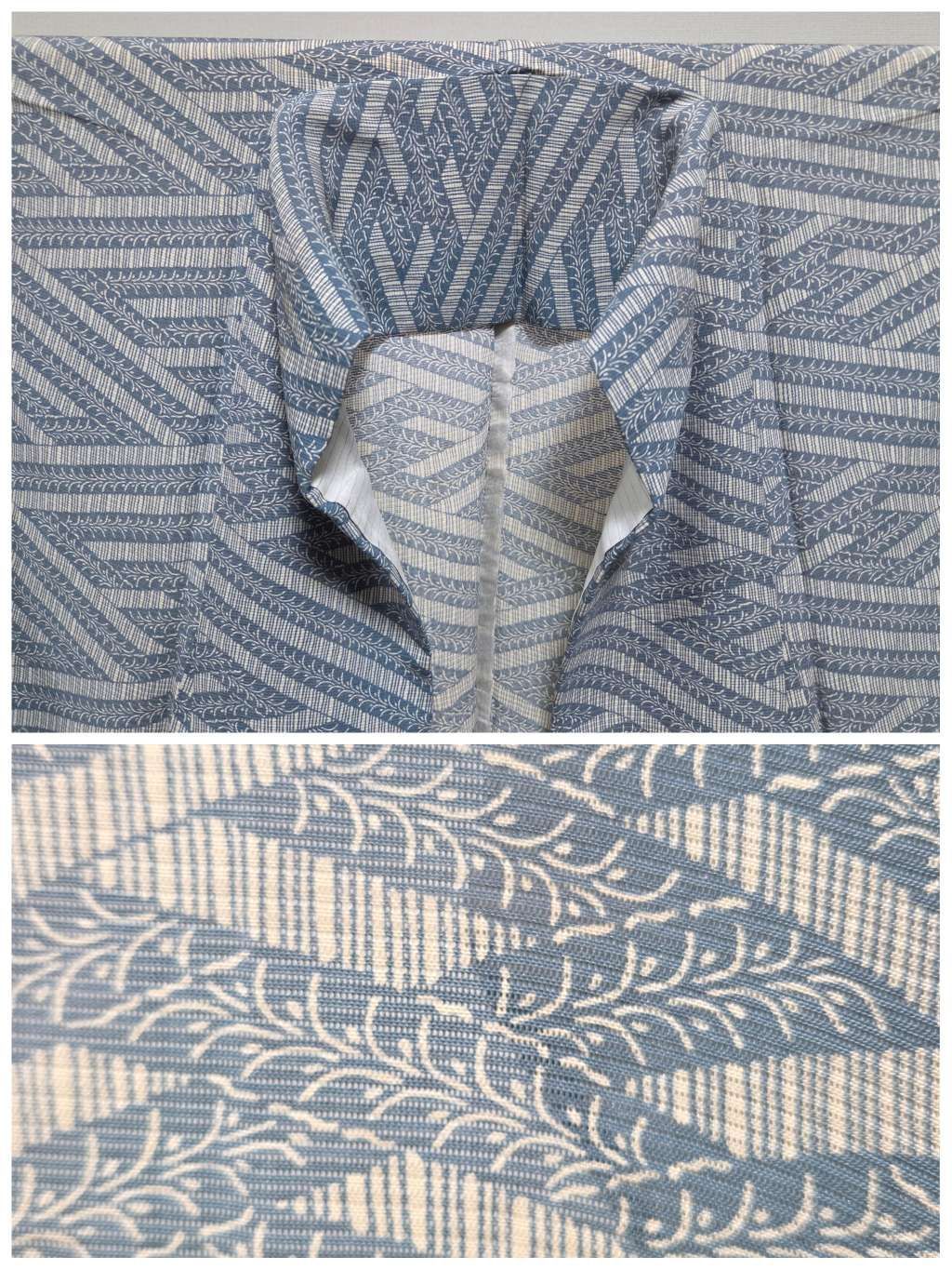 A5◇着物くつろぎ 夏物 橘 萩 花 刺繍 銀彩 蝶々 縦縞 白 黒 正絹 小紋