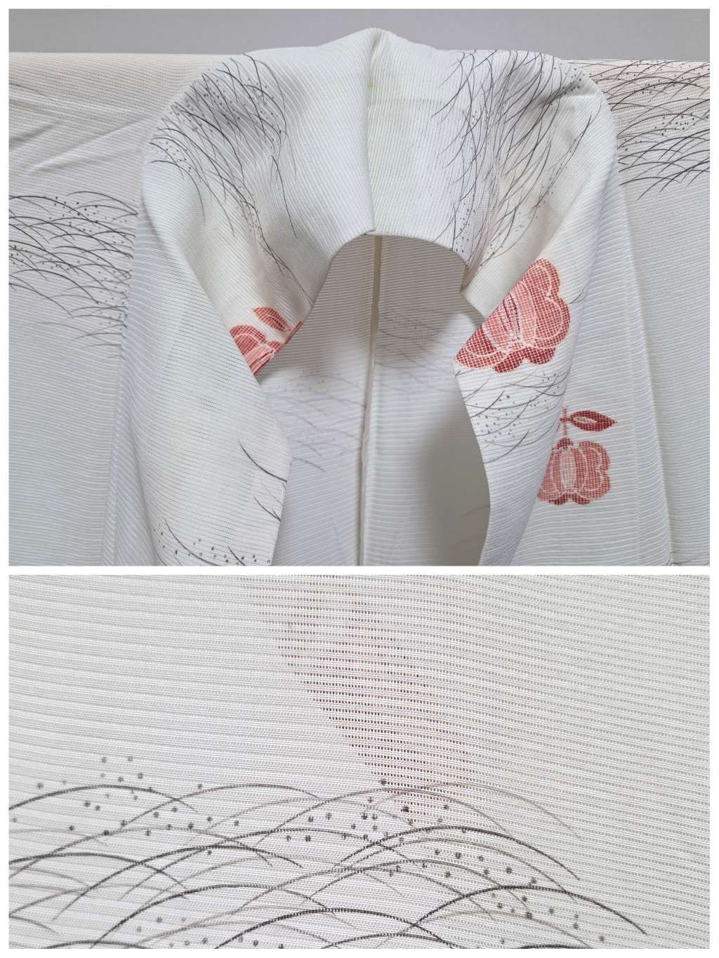A5◇着物くつろぎ 夏物 橘 萩 花 刺繍 銀彩 蝶々 縦縞 白 黒 正絹 小紋