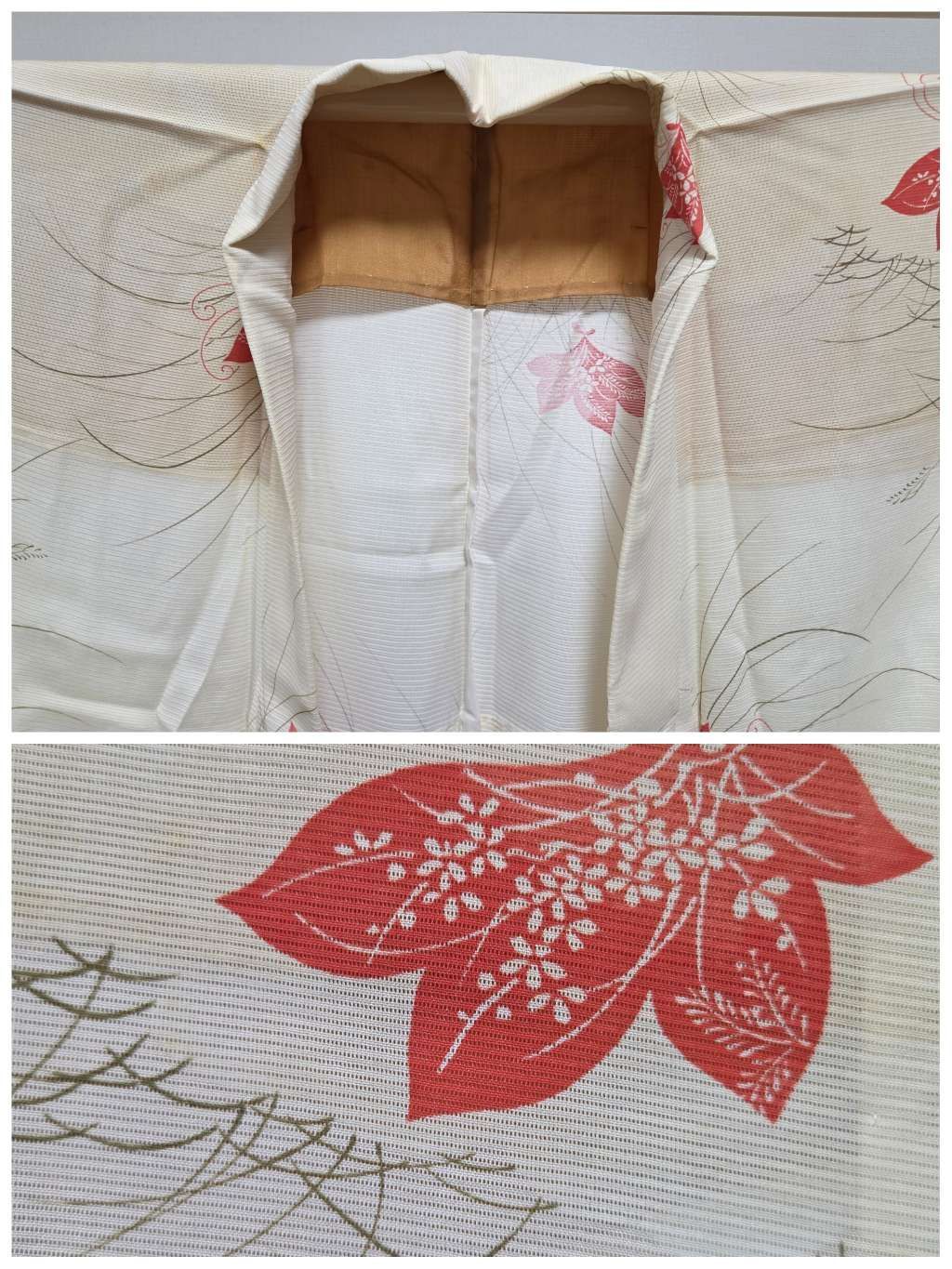 A5◇着物くつろぎ 夏物 橘 萩 花 刺繍 銀彩 蝶々 縦縞 白 黒 正絹 小紋
