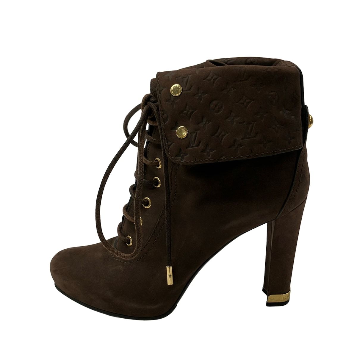 LOUIS VUITTON(ルイヴィトン) ショートブーツ 37 1/2 レディース - ダークブラウン レースアップ/モノグラムエンボス