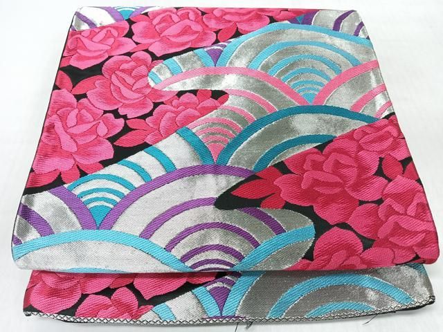 平和屋着物◎六通柄袋帯 青海波舞花文 黒地 銀糸 正絹 逸品 CABJ7637nb