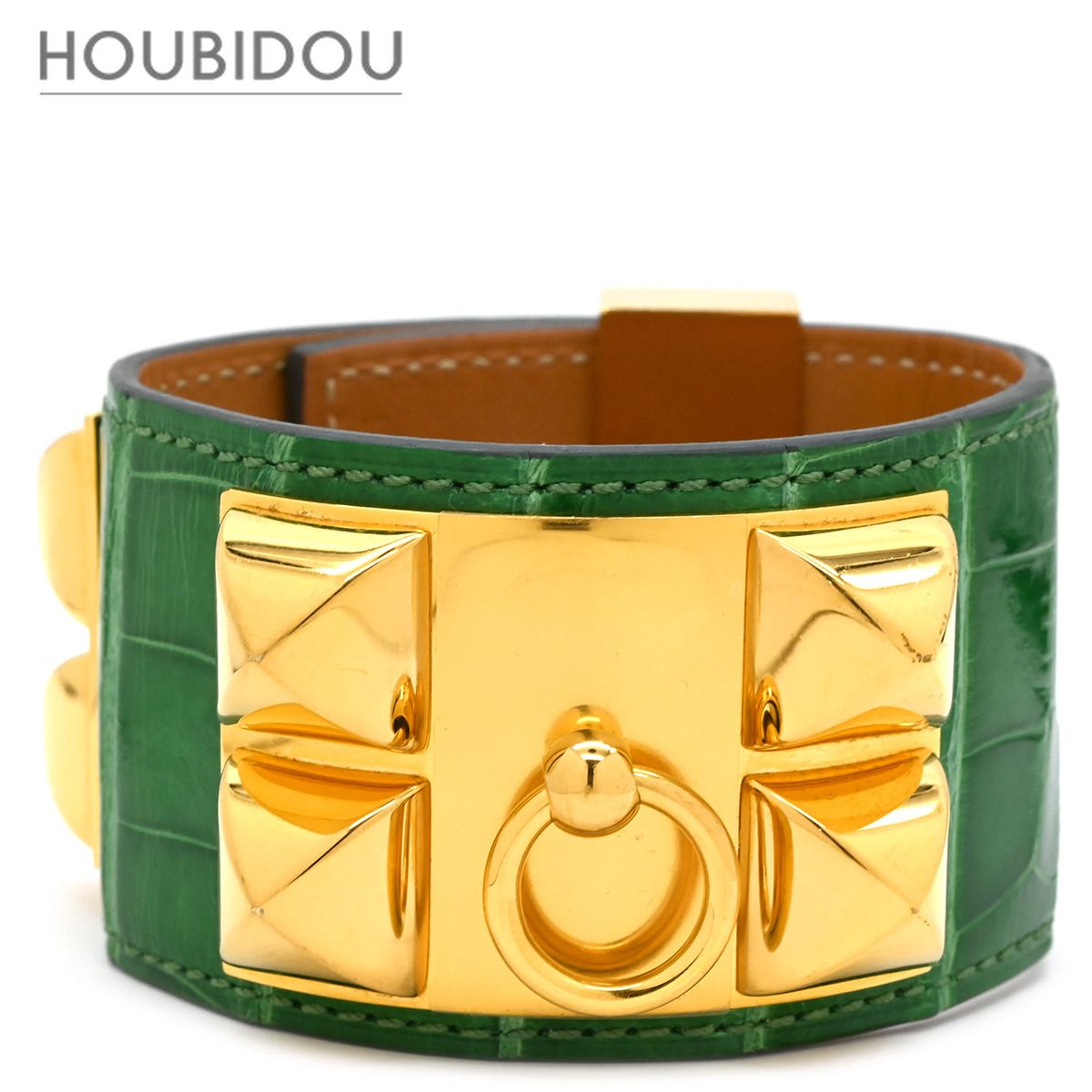 エルメス HERMES ブレスレット コリエ ド シアン アリゲーター GP カクタス×ゴールド T2 ゴールド金具 緑 艶あり Y 【箱】【中古】