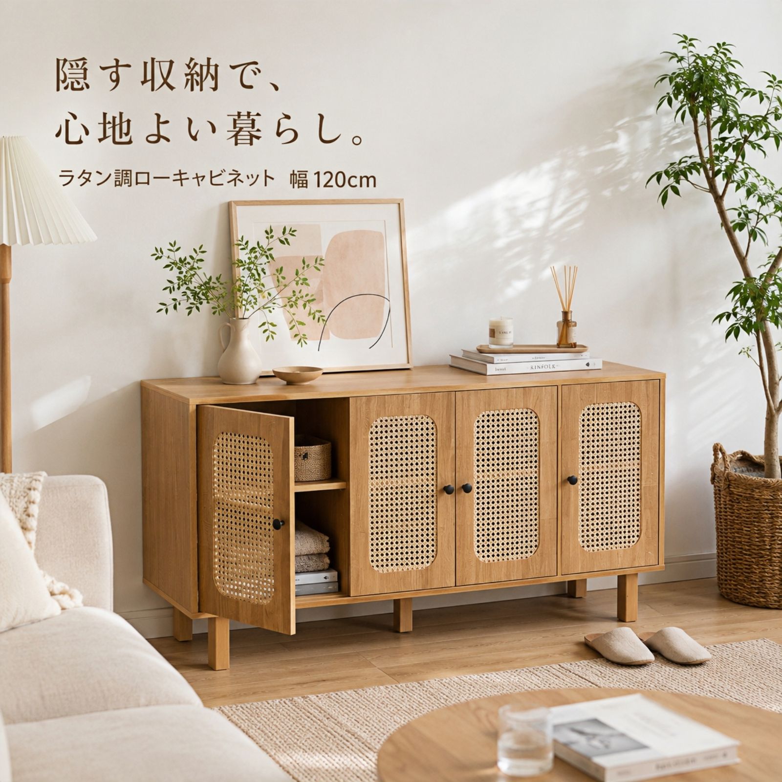 ラタン調 キャビネット 幅120cm サイドボード ローキャビネット 北欧