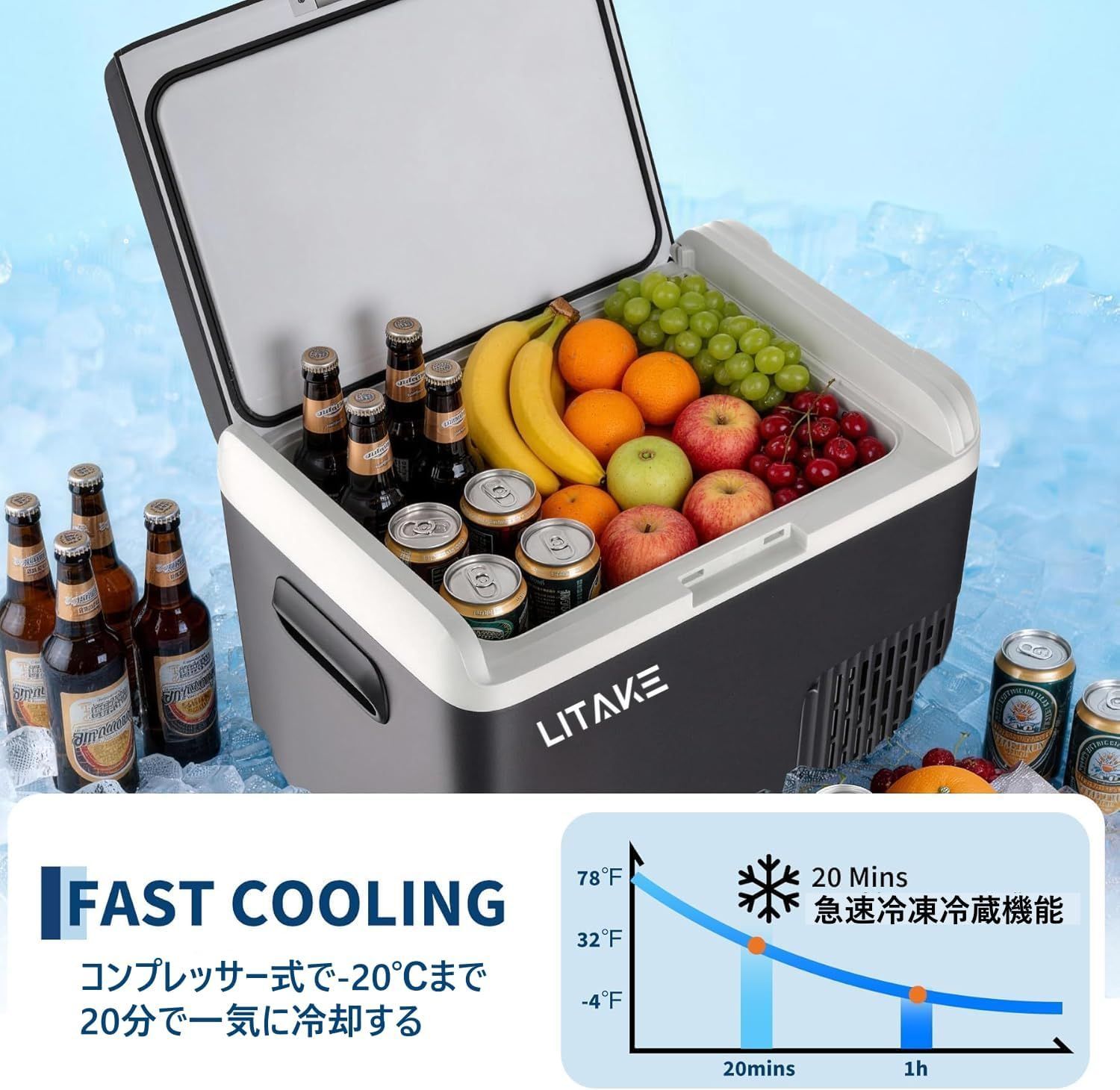 車載冷蔵庫 18L ポータブル冷蔵庫 急速冷凍 -20℃～20℃ 45W省エネ 静音