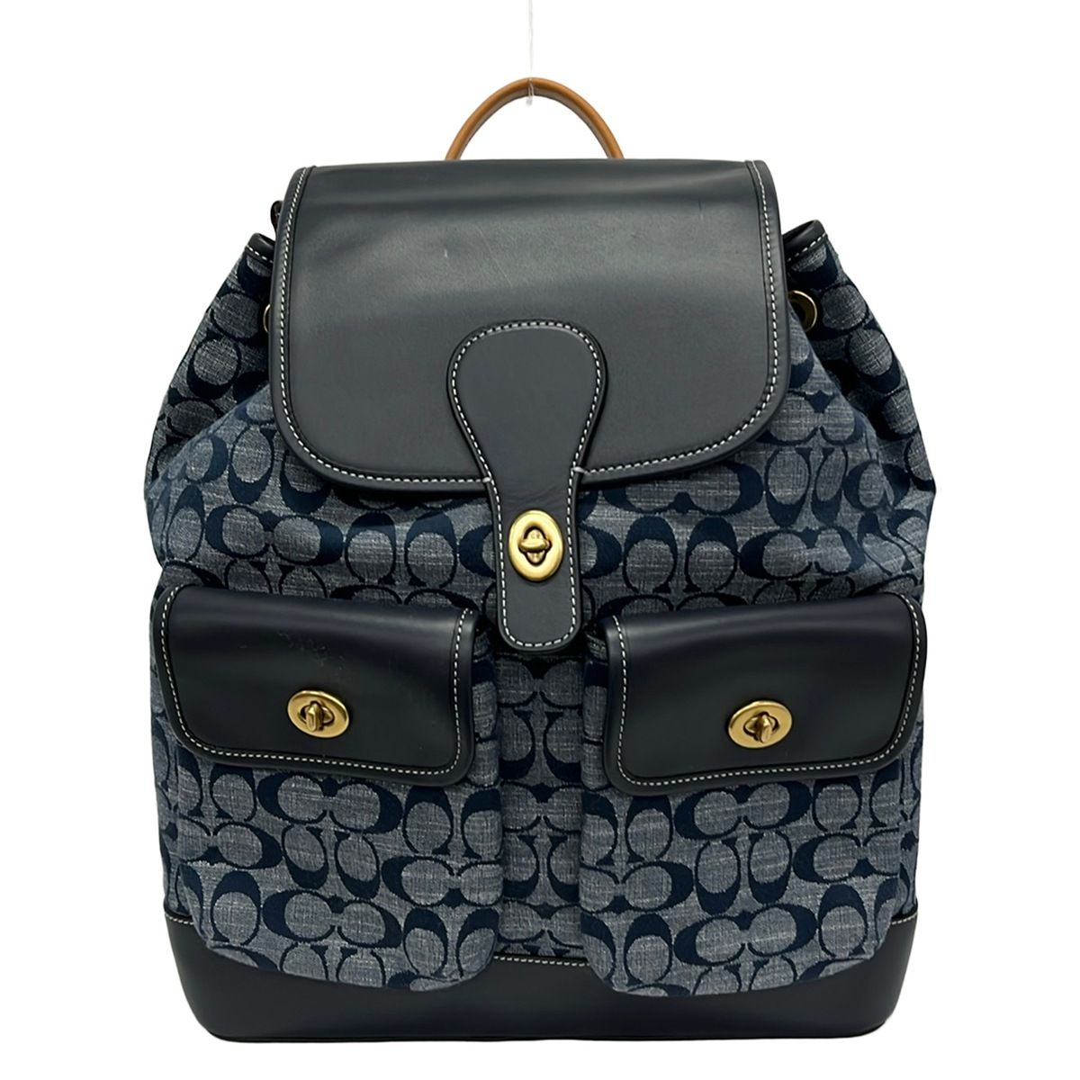 COACH(コーチ) リュックサック シグネチャー柄 C4037 ネイビー×ライトブラウン ターンロック レザー