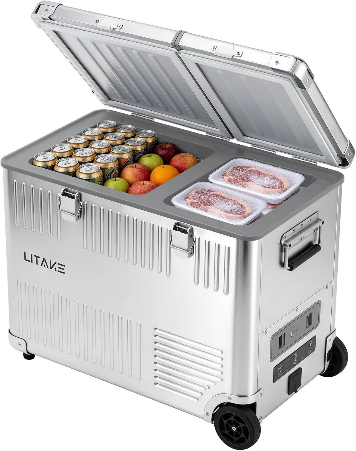 アルミ製 車載冷蔵庫 50L 2室 バッテリー付き ポータブル冷蔵庫 -20℃～20℃ バッテリー内蔵 コンプレッサー式 車中泊 キャンプ A50