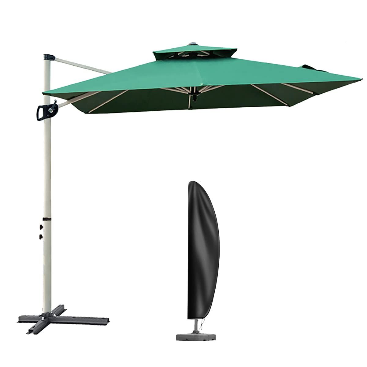 MAYAMI-Home ガーデンパラソル 大型 220/250cm 風に強い 長方形 ハンギングパラソル 二層通気 防風 UVカット 撥水 角度調整 360°回転 パラソルカバー付き ベース別売 屋外 庭 テラス カフェ用 (濃い緑色, 250cm)
