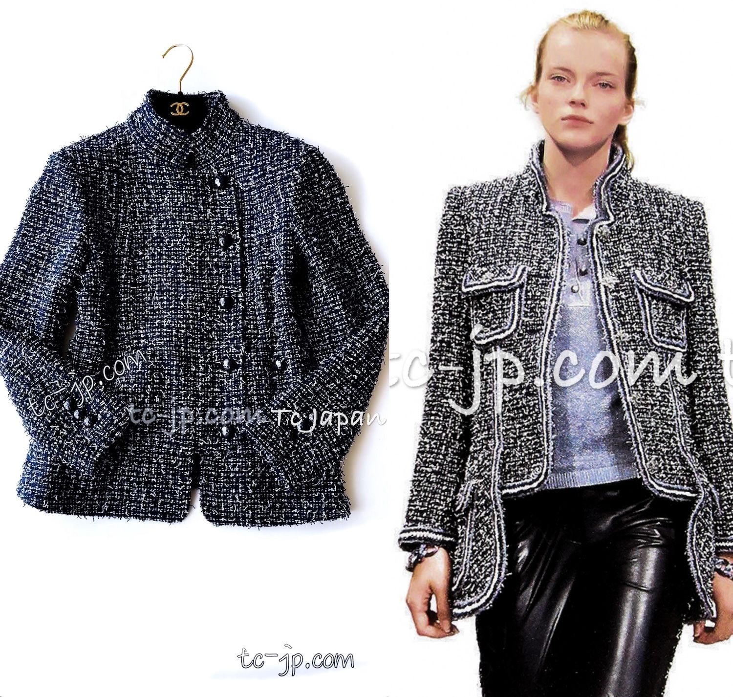 シャネル ジャケット CHANEL ネイビー ブルー スタンド襟 ジッパー ツイード ココボタン カール・ラガーフェルド 超美品 38 40