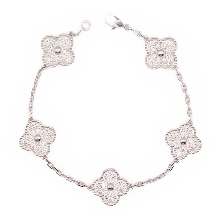 【美品】Van Cleef＆Arpels ヴァンクリーフ＆アーペル ヴィンテージ ブレスレット レディース アルハンブラ 5モチーフ フルダイヤ VCARA41500 ホワイトゴールド 金18 K18WG 手首周り 約18.0cm ジュエリー 付属有