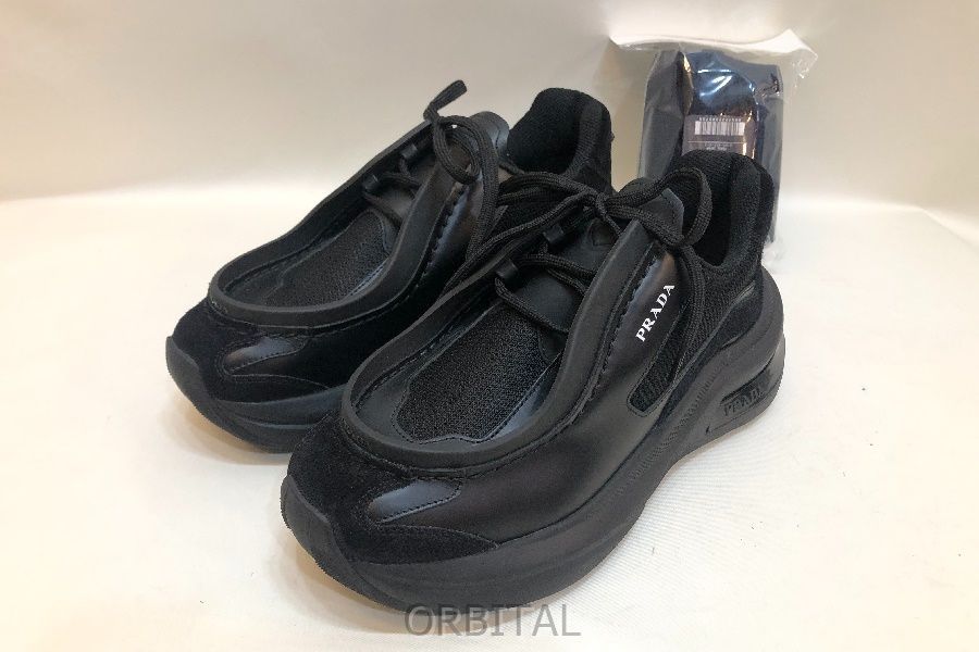経堂) PRADA プラダ システム スニーカー 2EG424 レザー ブラック 23AW サイズ5 1/2 ブラック 24.5cm位 シューズ 靴 33,670円