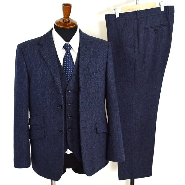 OXFORD CLASSIC 3ピース 段返り3つボタンシングル スーツ AB5 M ダークネイビー ヘリンボーン ノータック 春秋 開き見せ 174307-88 6XG139 【送料無料】【中古】【メンズビジネス】202607