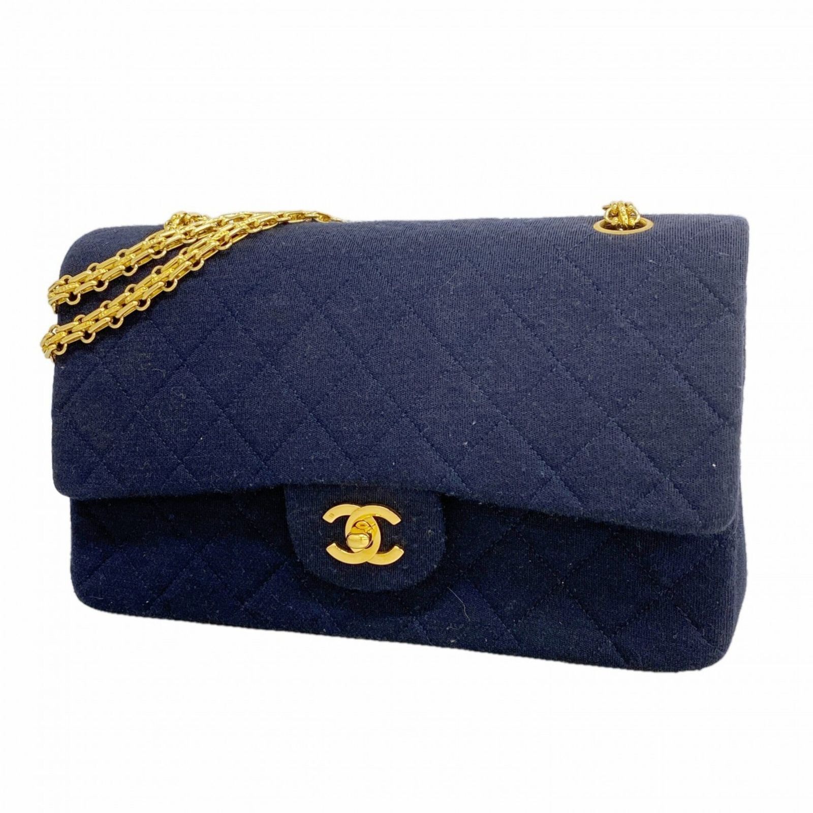 シャネル(Chanel) シャネル ショルダーバッグ マトラッセ Wフラップ Wチェーン ジャージ ネイビー レディース